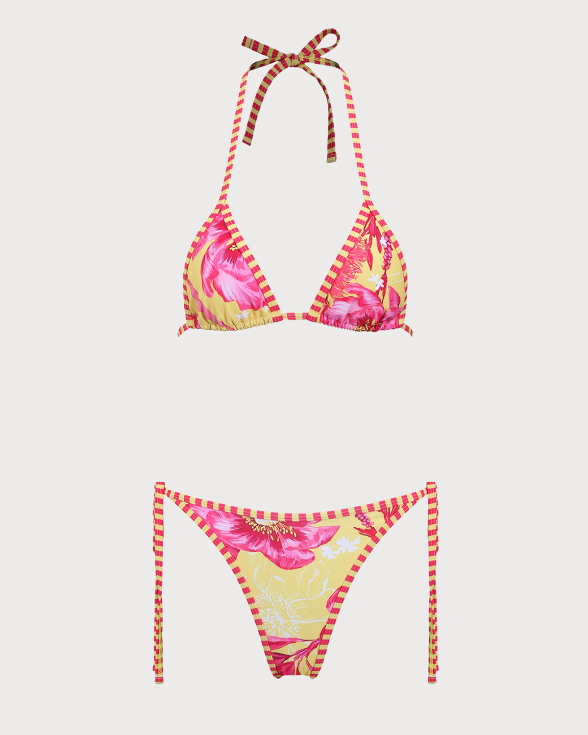 Sarı Çiçekli Askılı Bağcıklı Üçgen Bikini Takımı