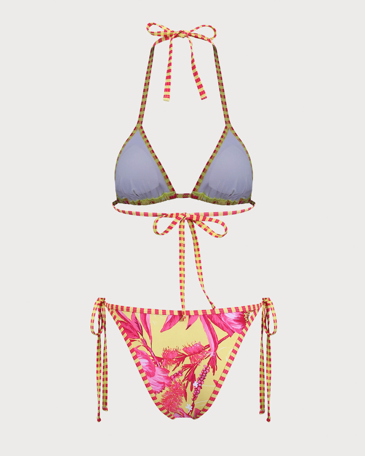 Sarı Çiçekli Askılı Bağcıklı Üçgen Bikini Takımı
