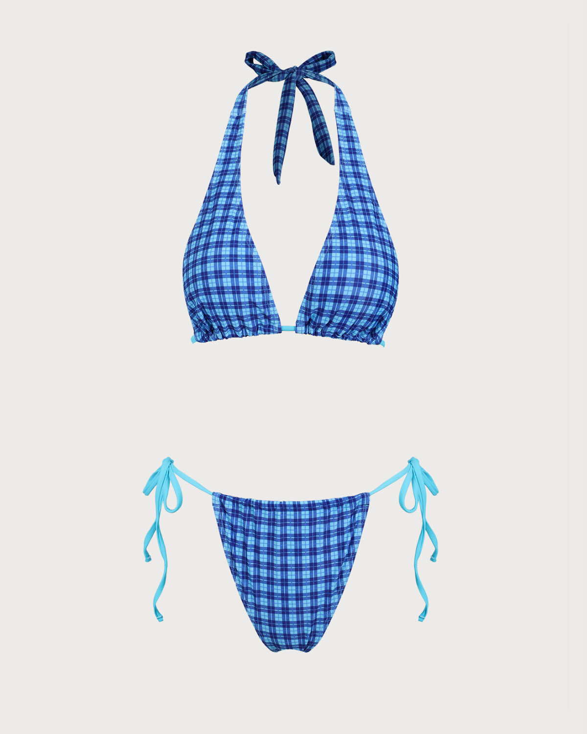 Mavi Örgü Vintage Ekose Desenli Bikini Takımı