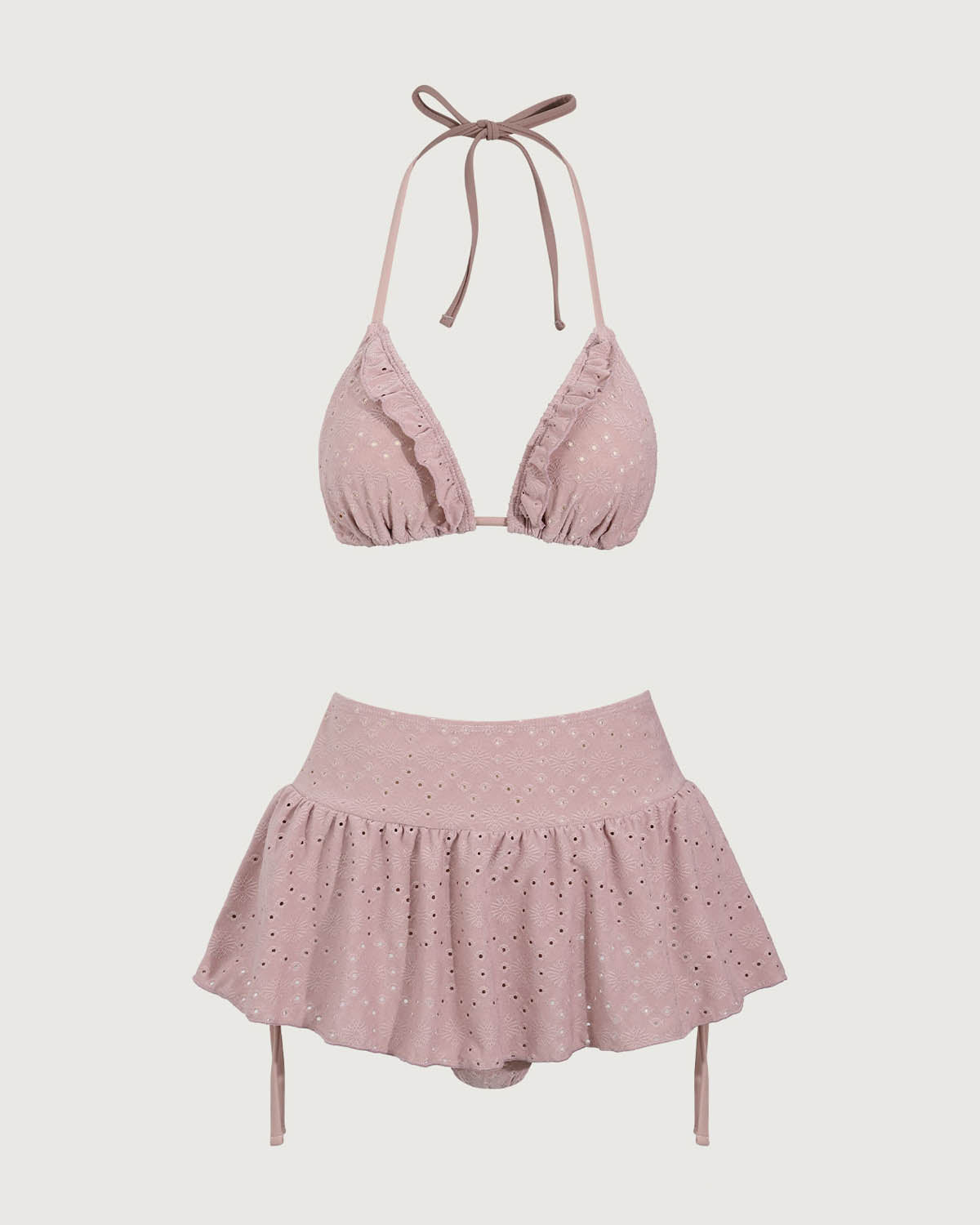 Pembe Volanlı Bağcıklı Bikini Üç Parçalı Takım