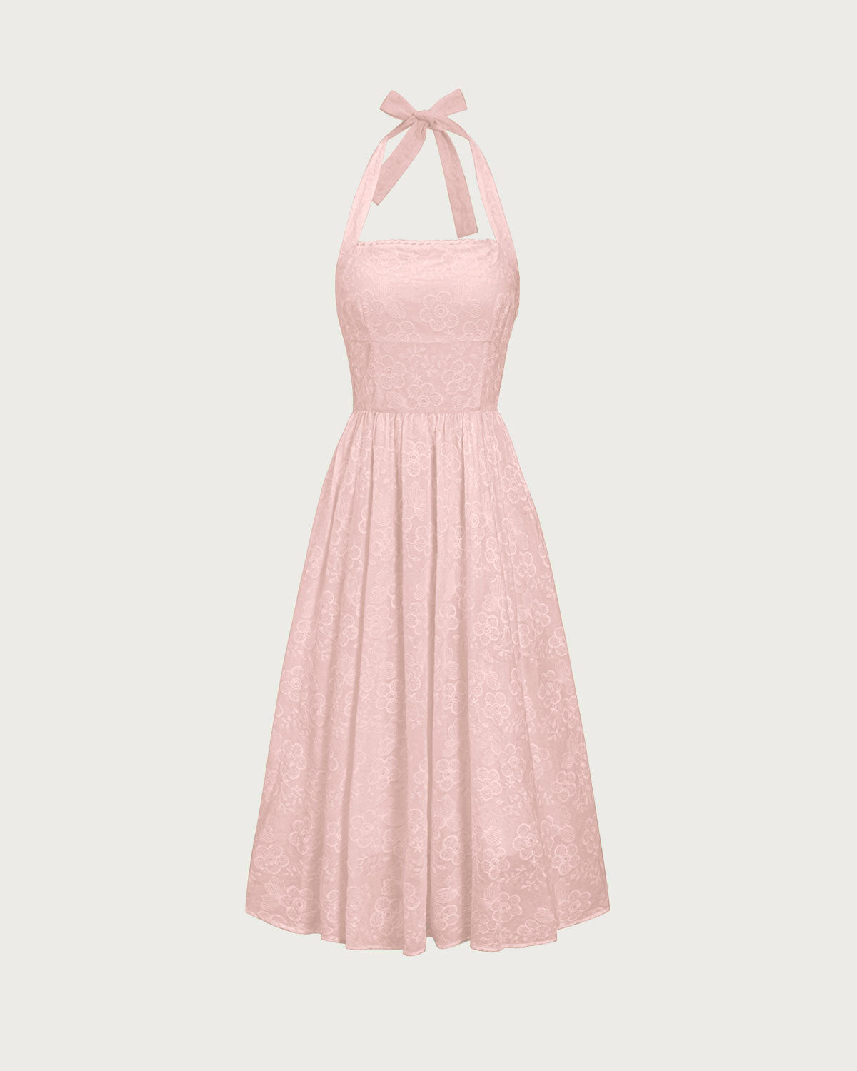 Pembe Nakışlı Askılı Midi Elbise