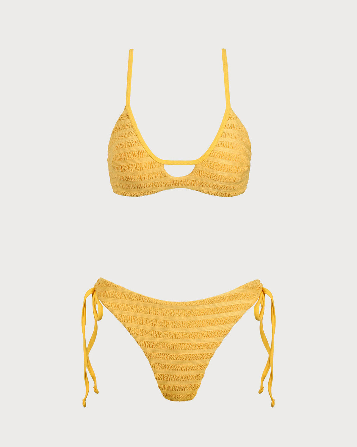 Sarı Dokulu Büzgülü Kesimli Bikini Takımı