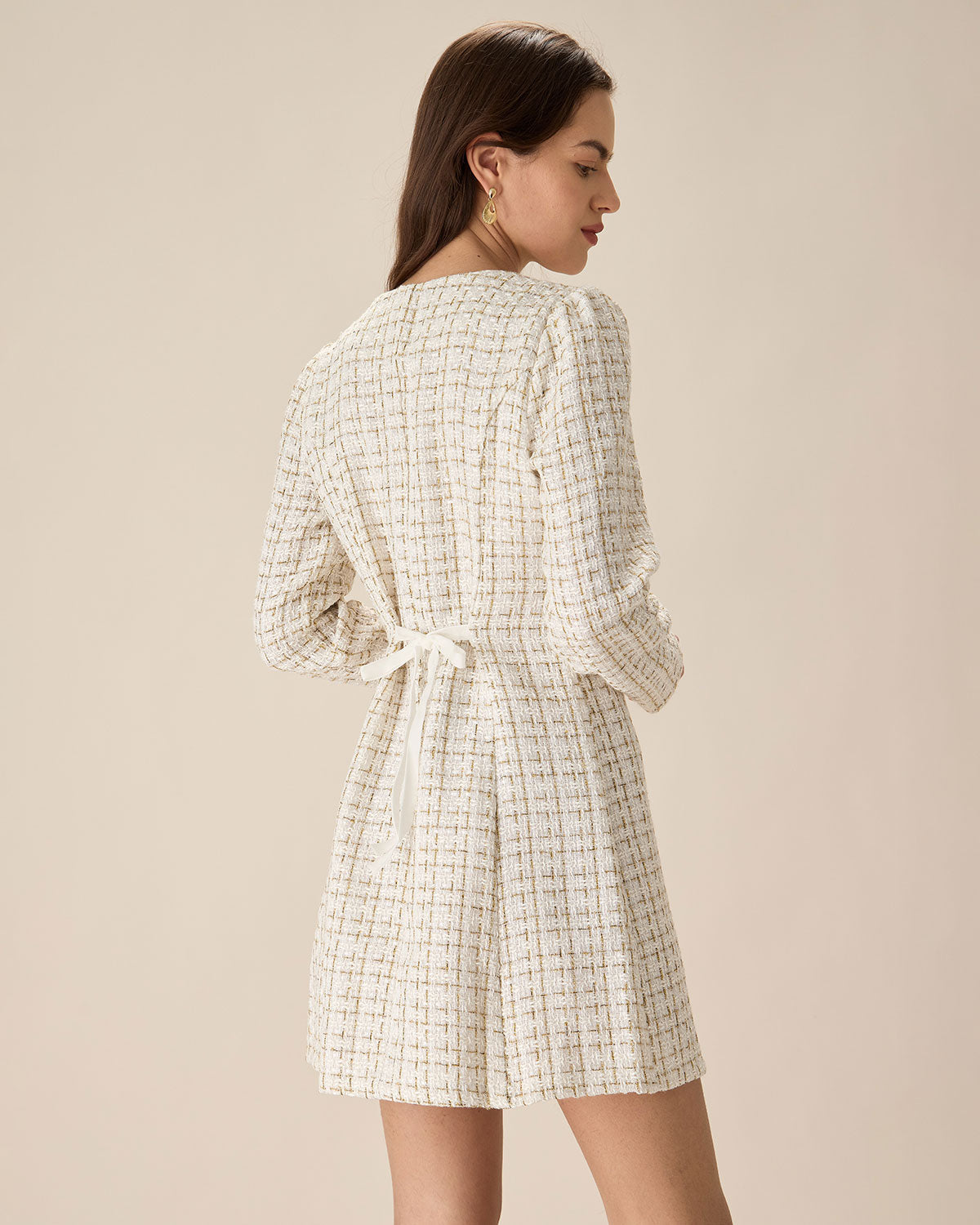 Beyaz Kare Yaka Tweed Mini Elbise
