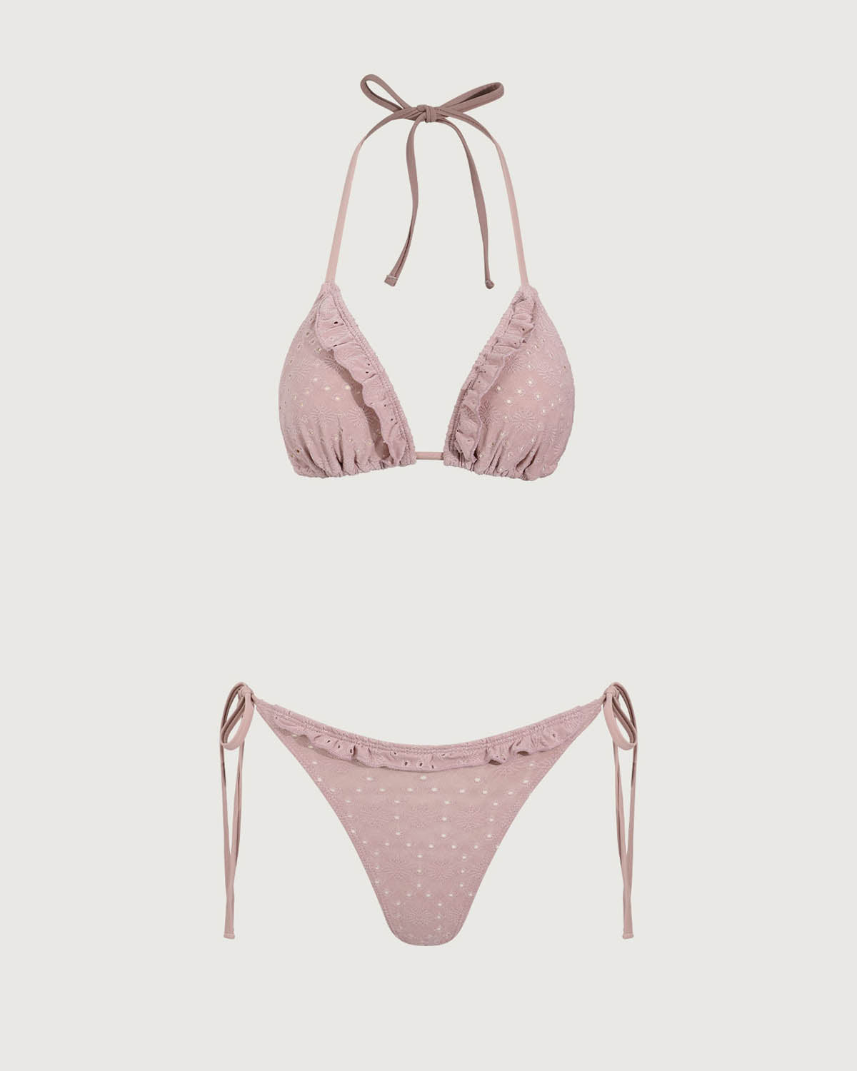 Pembe Volanlı Bağcıklı Bikini Üç Parçalı Takım