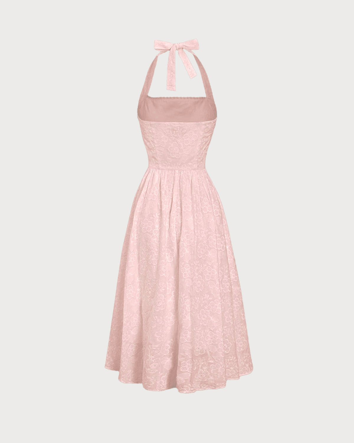 Pembe Nakışlı Askılı Midi Elbise