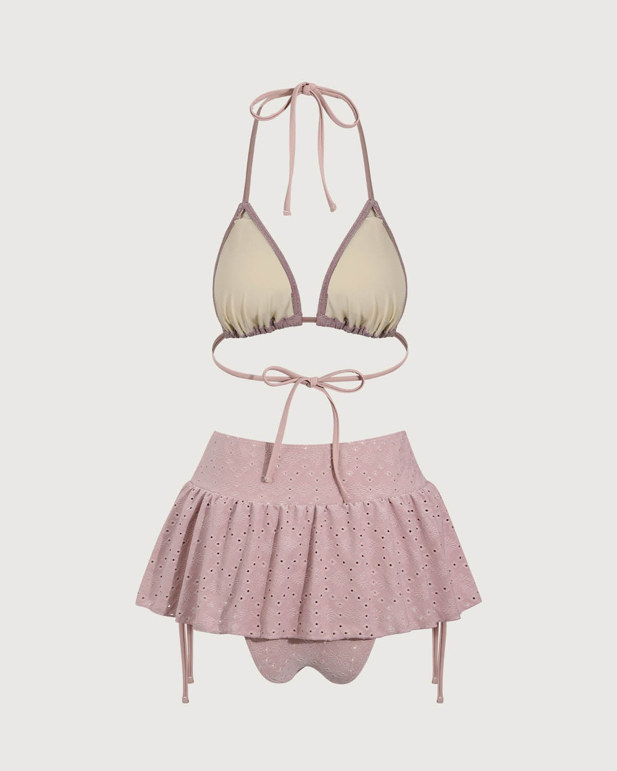 Pembe Volanlı Bağcıklı Bikini Üç Parçalı Takım