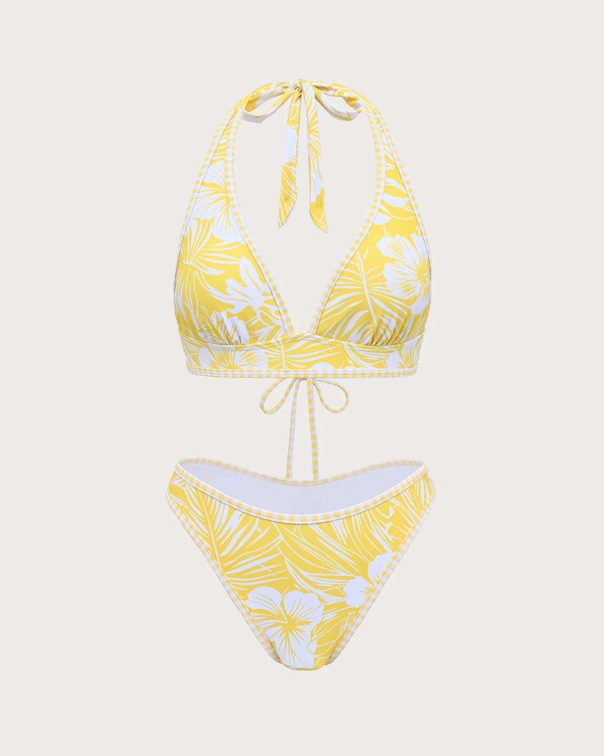 Sarı Örme Tropikal Desenli Bikini Takımı