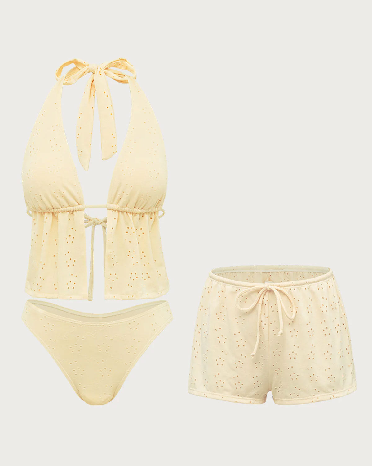 Sarı Hollow Tankini Üç Parçalı Mayo