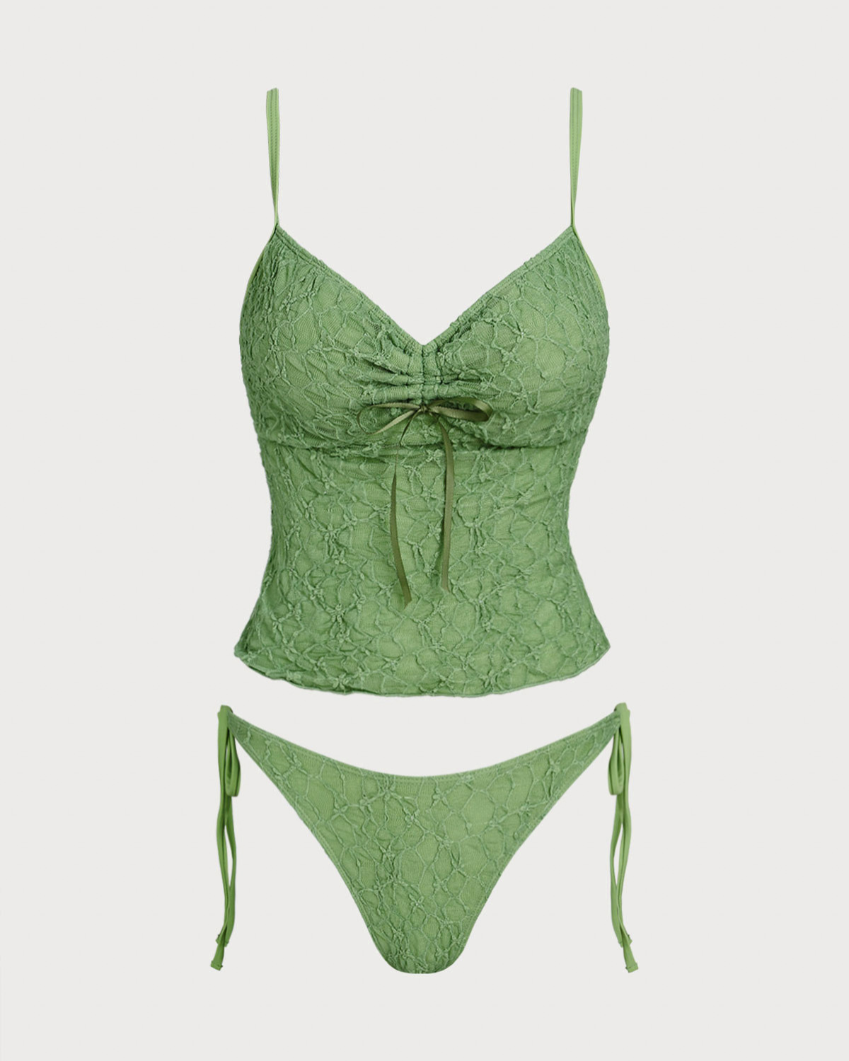 Yeşil Dantelli Büzgülü Tankini Mayo