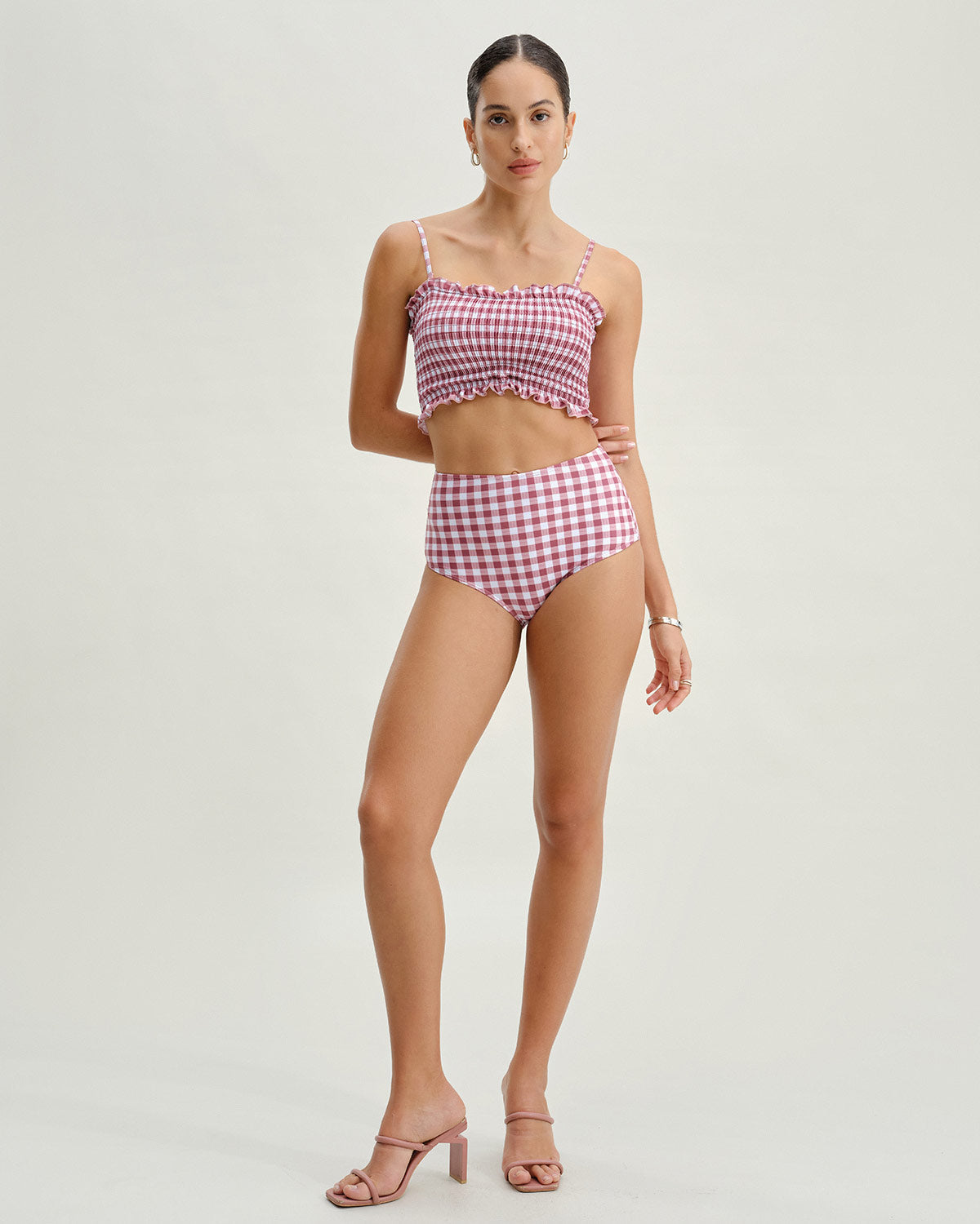 Kırmızı Ekose Bandeau Bikini Takımı