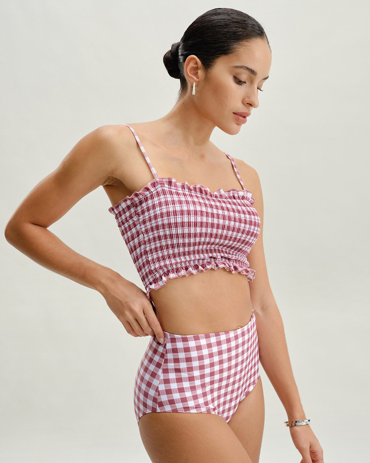 Kırmızı Ekose Bandeau Bikini Takımı