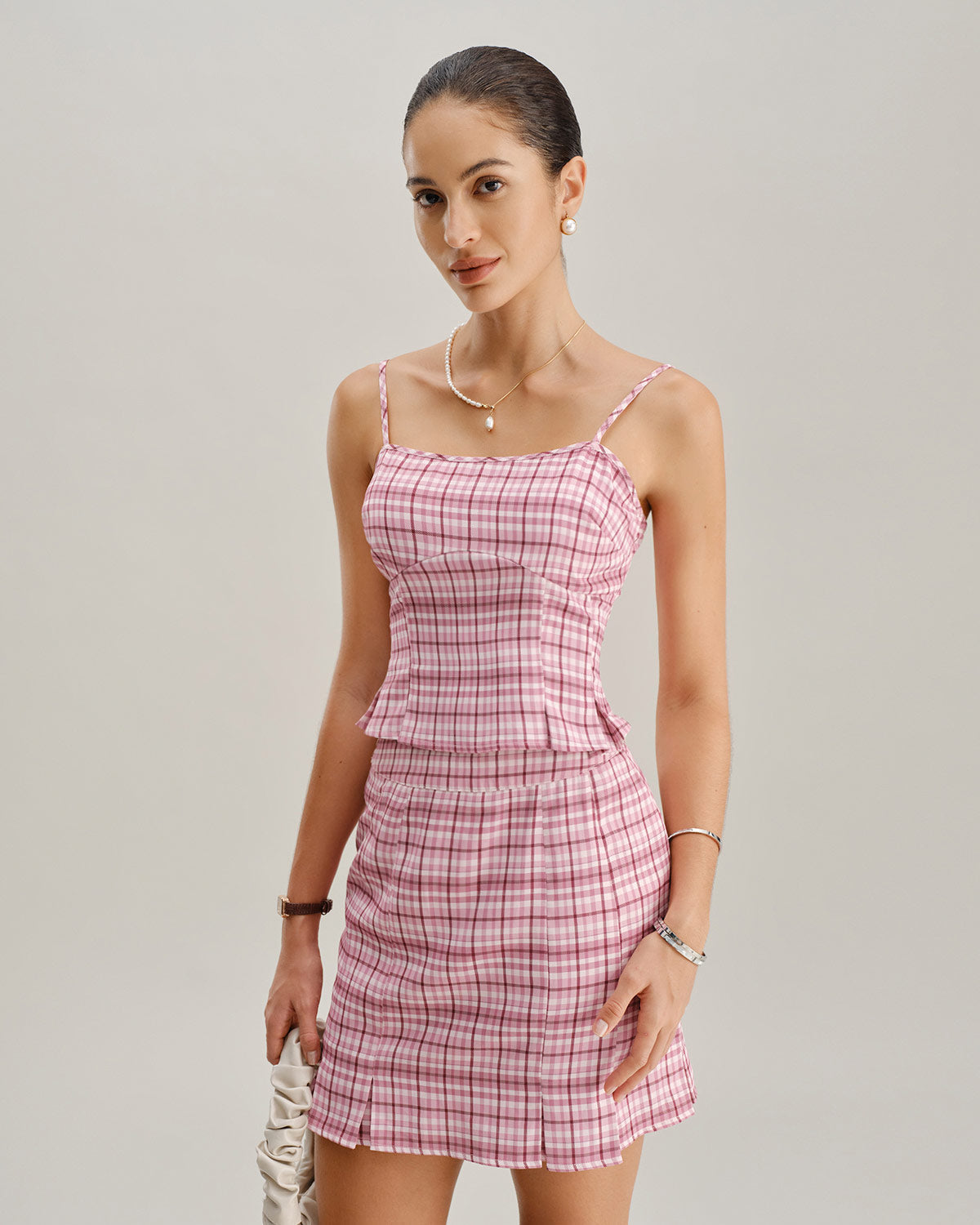 Pembe Ekose Düz Mini Etek