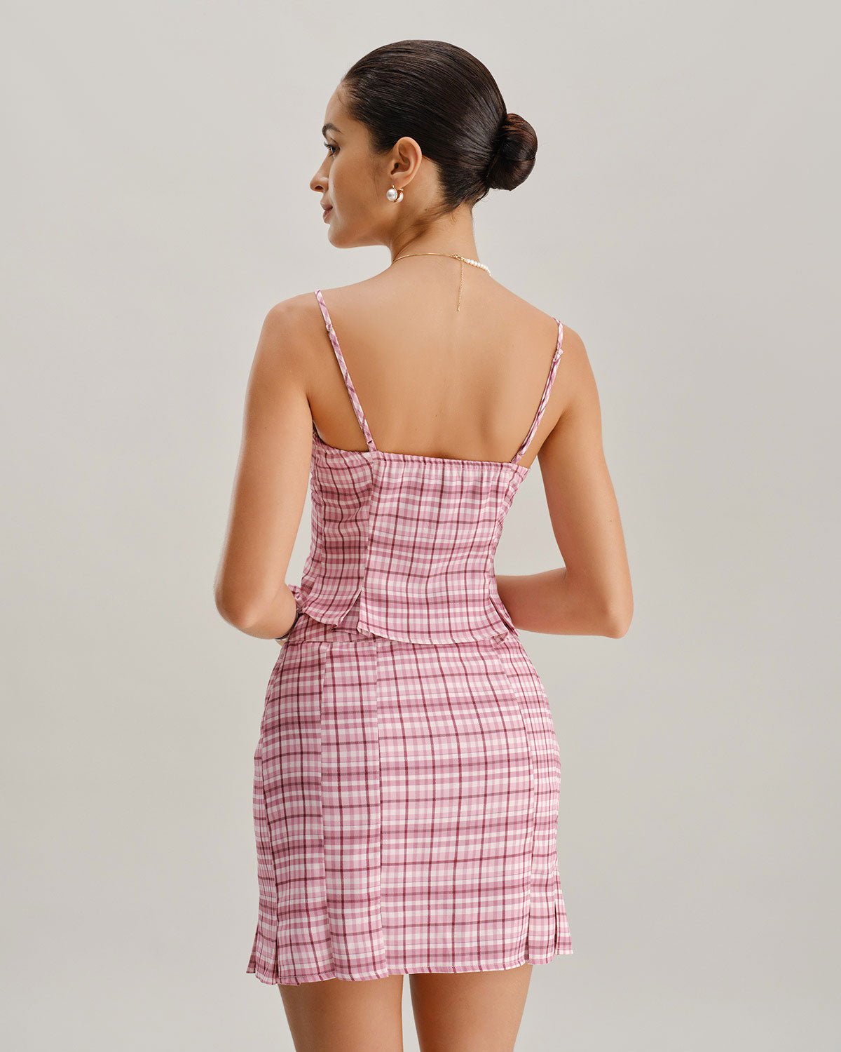 Pembe Ekose Düz Mini Etek