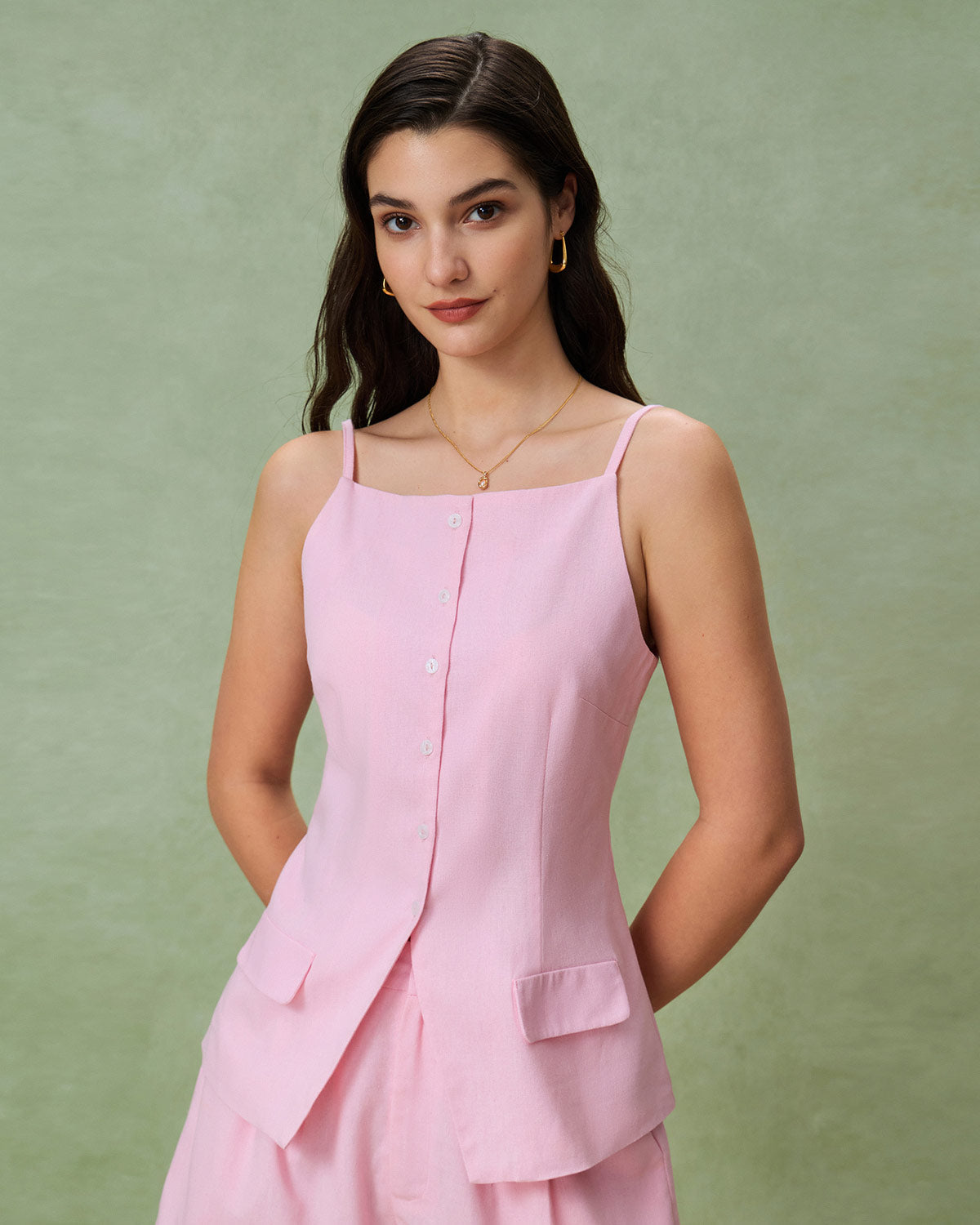 Pembe Kare Yaka Cepli Yelek