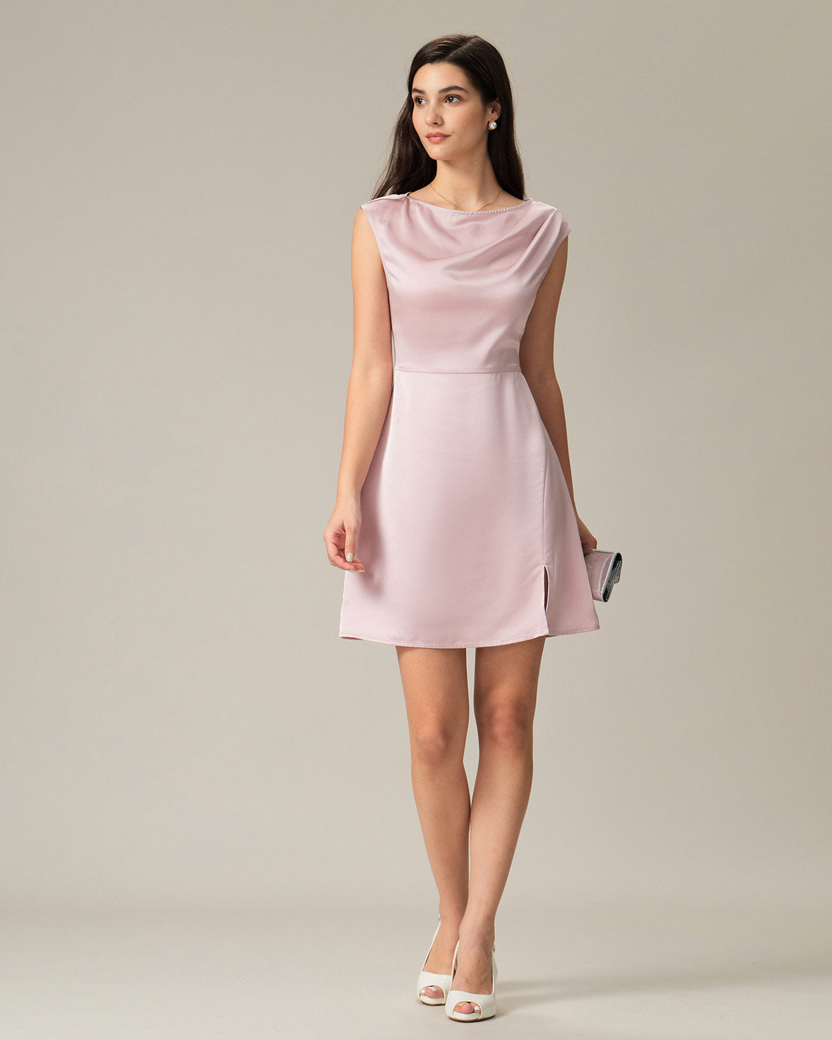 Pembe Tekne Yaka Saten Mini Elbise