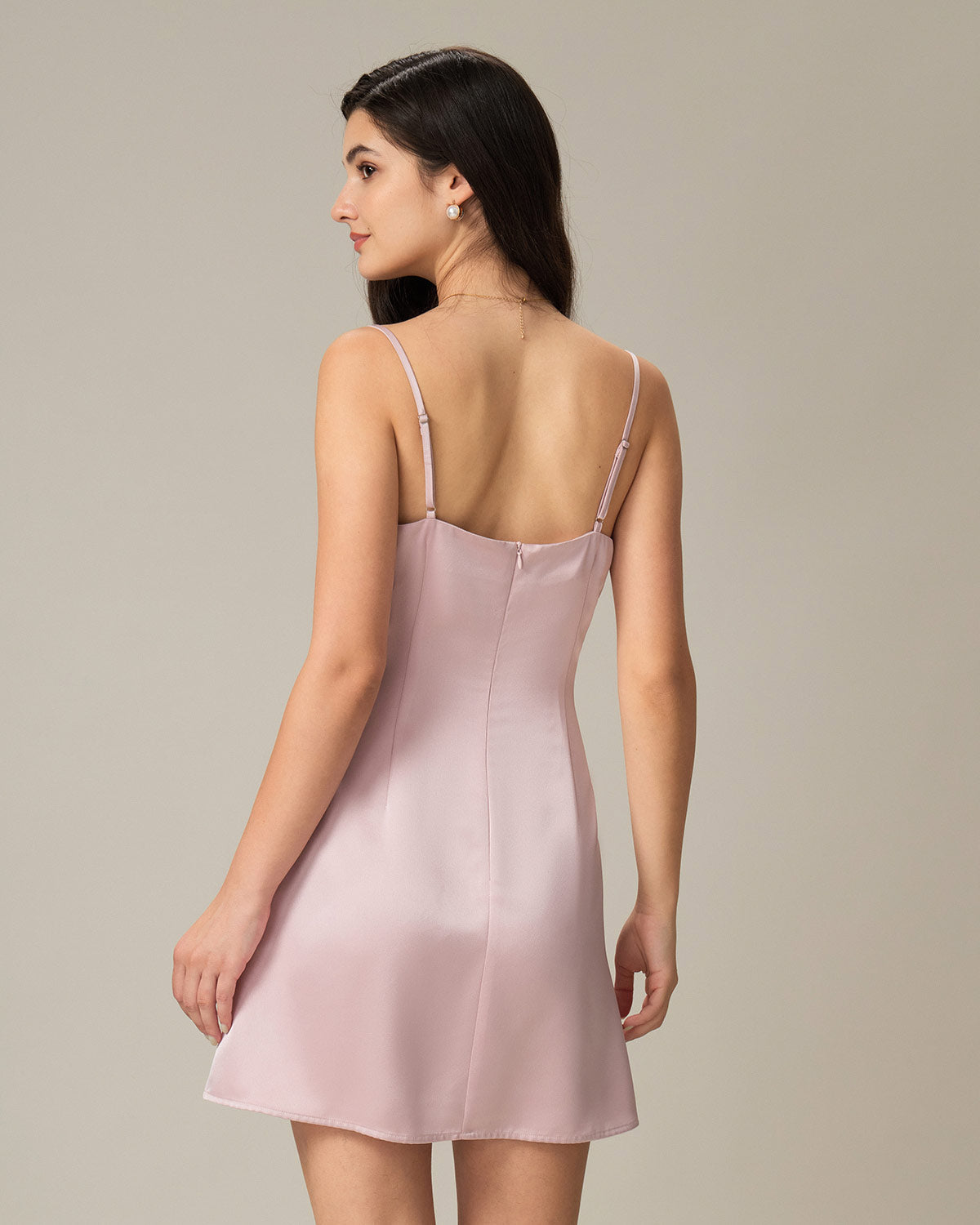 Pembe Kare Yaka Saten Mini Elbise