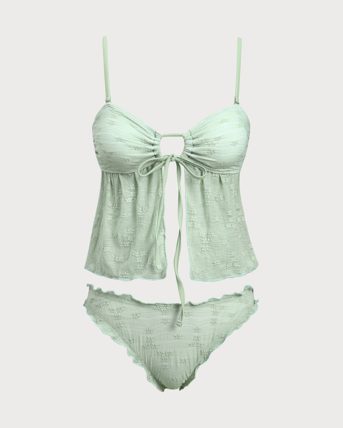 Yeşil Örme Kesikli Önden Bağcıklı Tankini Mayo