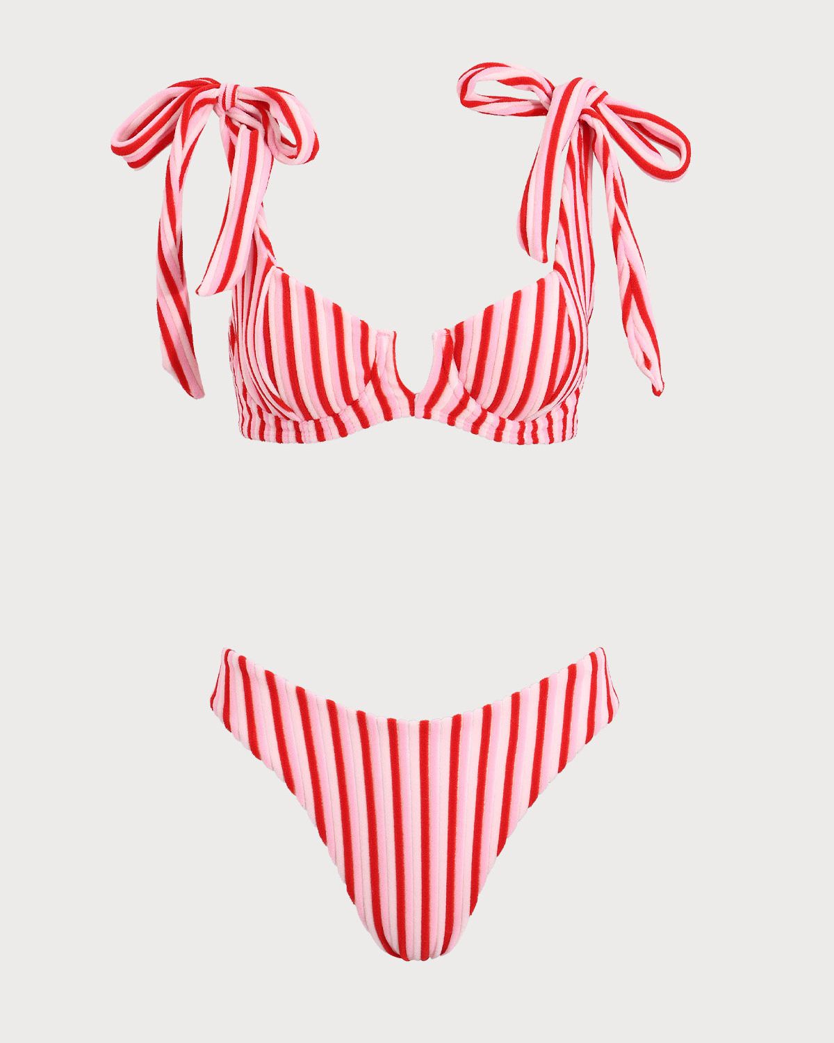 Pembe Çizgili Kravat Askılı Bikini Takımı