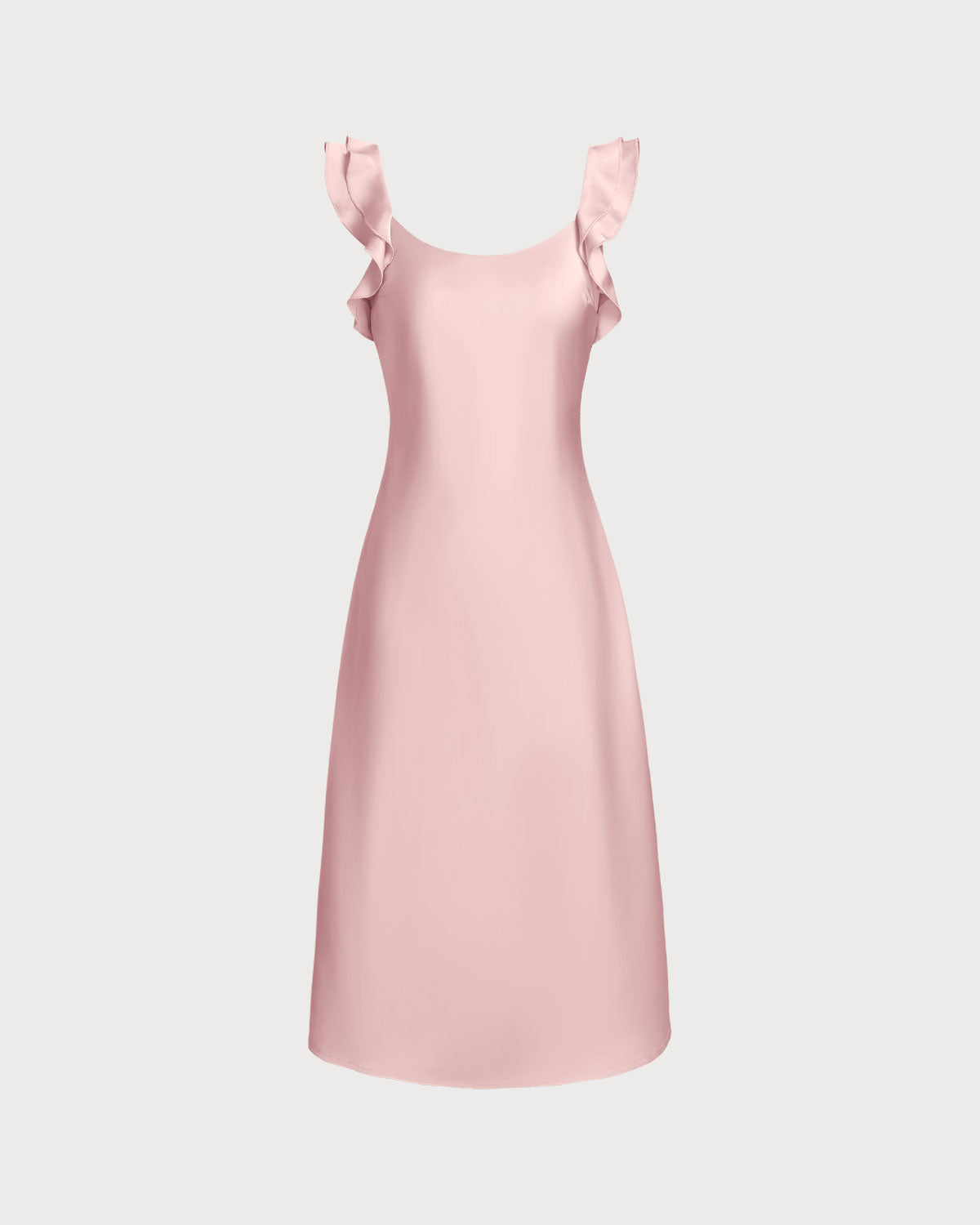 Pembe Kare Yaka Volanlı Saten Midi Elbise