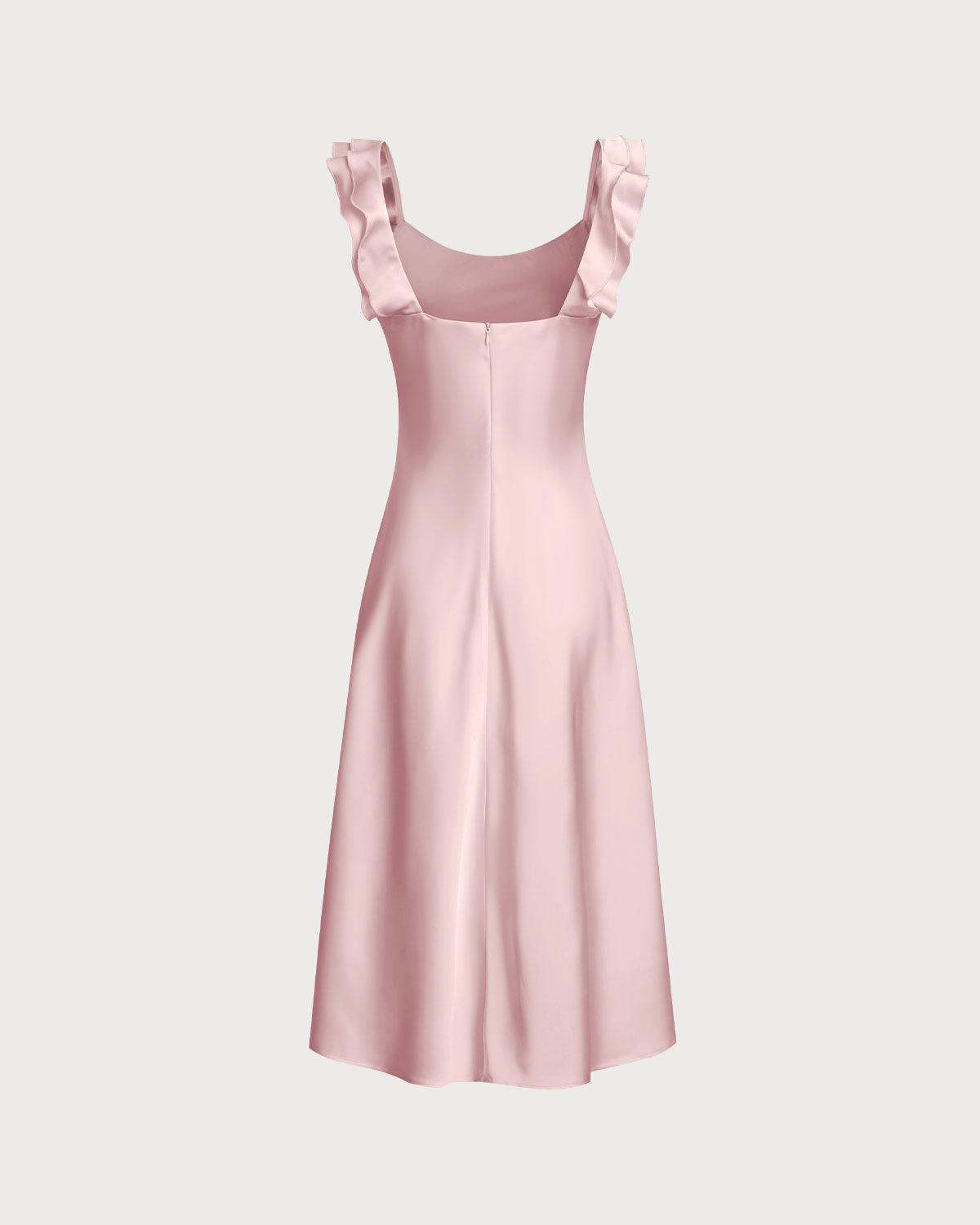 Pembe Kare Yaka Volanlı Saten Midi Elbise