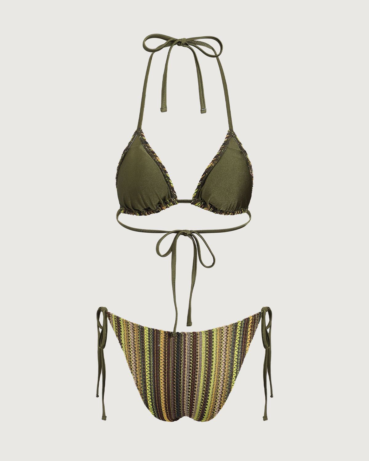 Yeşil Çizgili Halter Üçgen Bikini Takımı