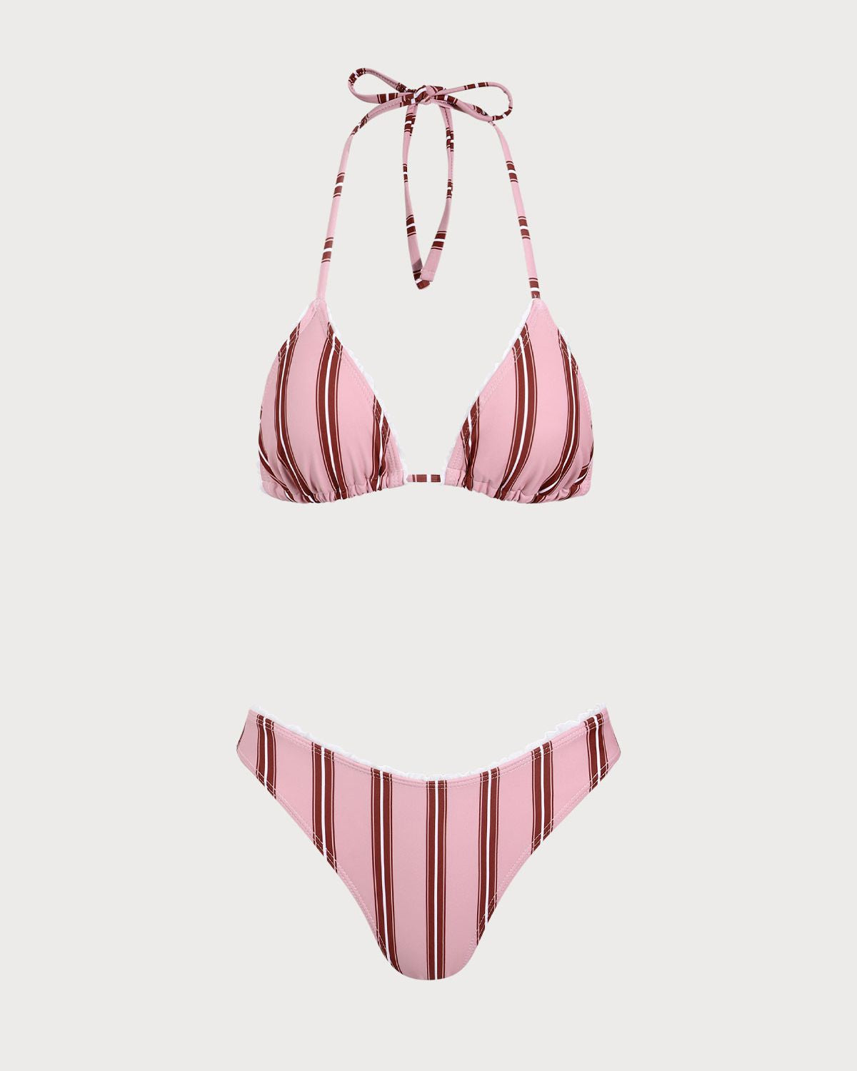 Pembe Çizgili Volanlı Askılı Bikini Takımı