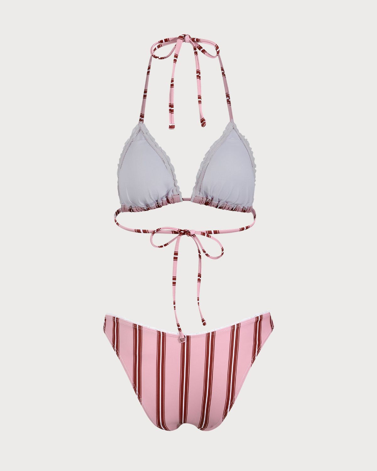 Pembe Çizgili Volanlı Askılı Bikini Takımı