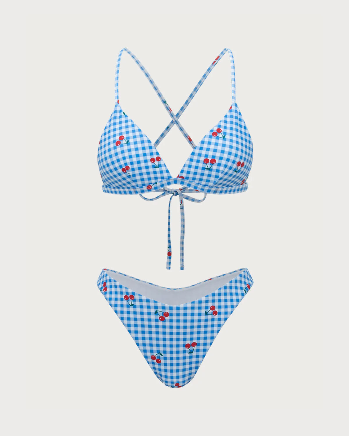 Mavi Ekose Kiraz Askılı Bikini Takımı