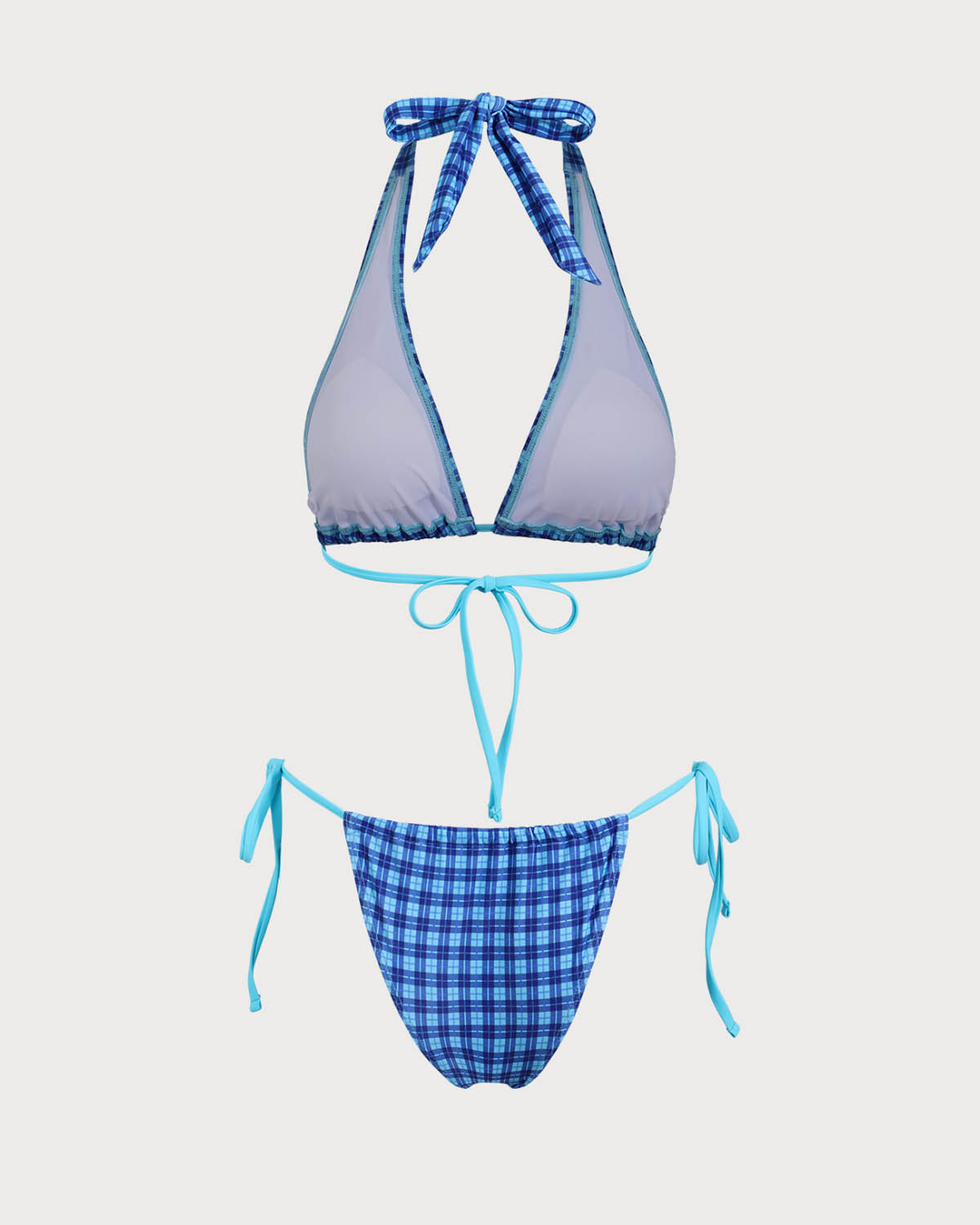 Mavi Örgü Vintage Ekose Desenli Bikini Takımı