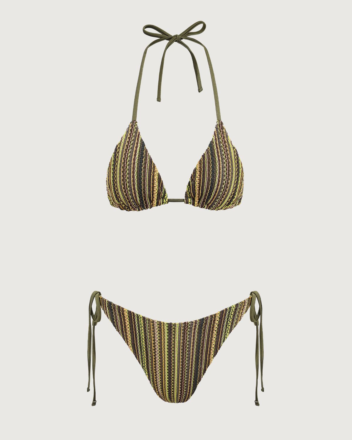 Yeşil Çizgili Halter Üçgen Bikini Takımı