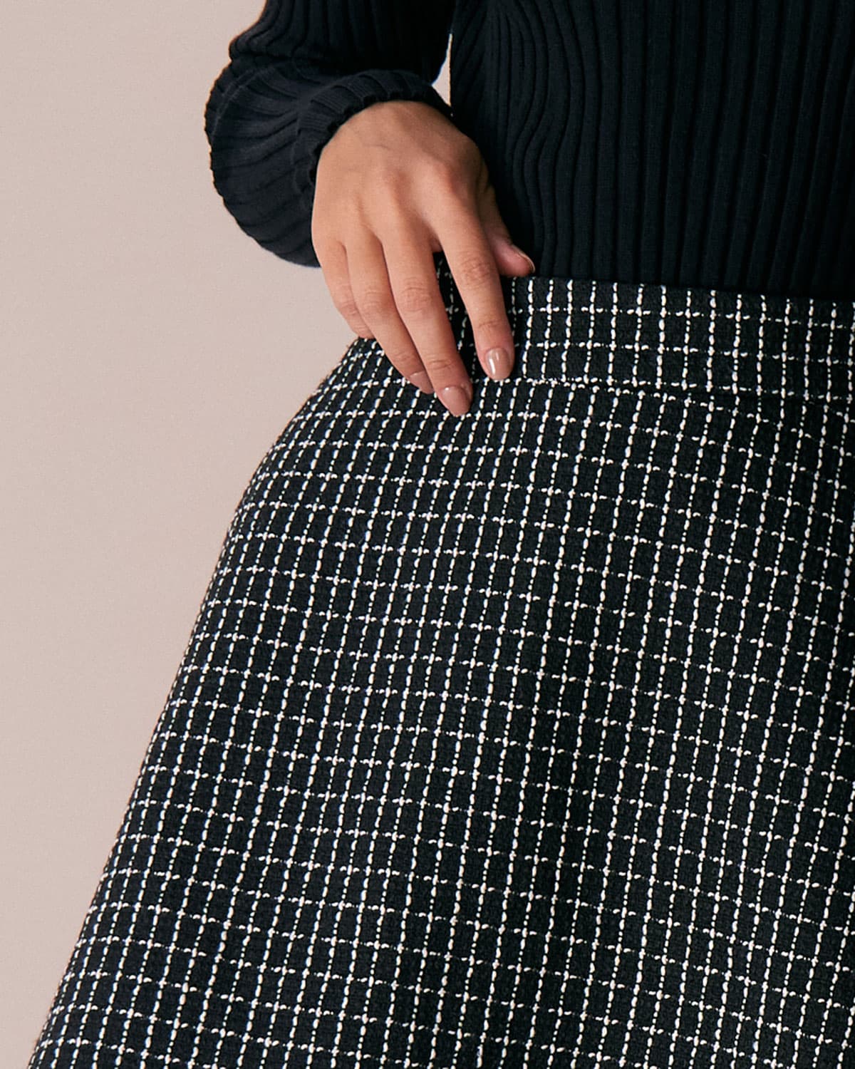 Siyah Yüksek Bel Ekose Tweed Mini Etek