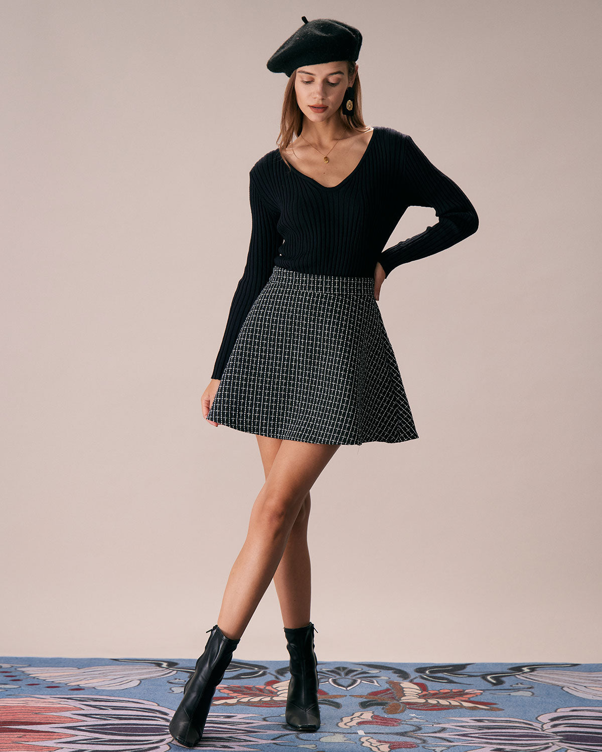 Siyah Yüksek Bel Ekose Tweed Mini Etek