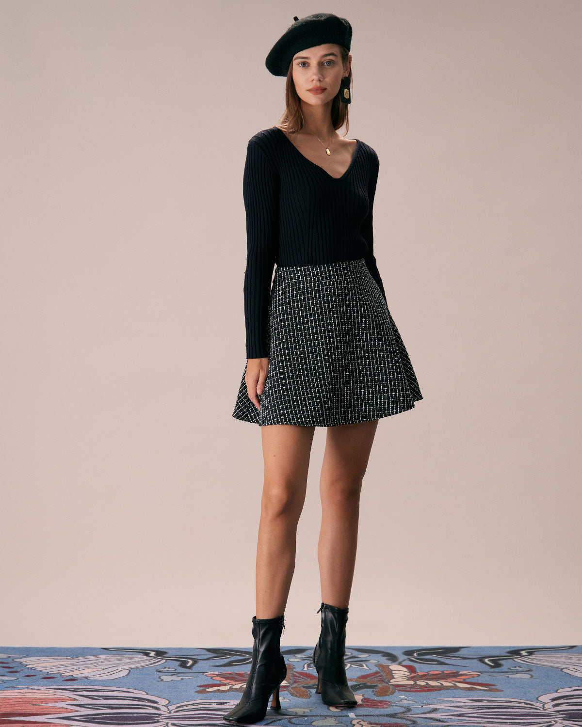 Siyah Yüksek Bel Ekose Tweed Mini Etek