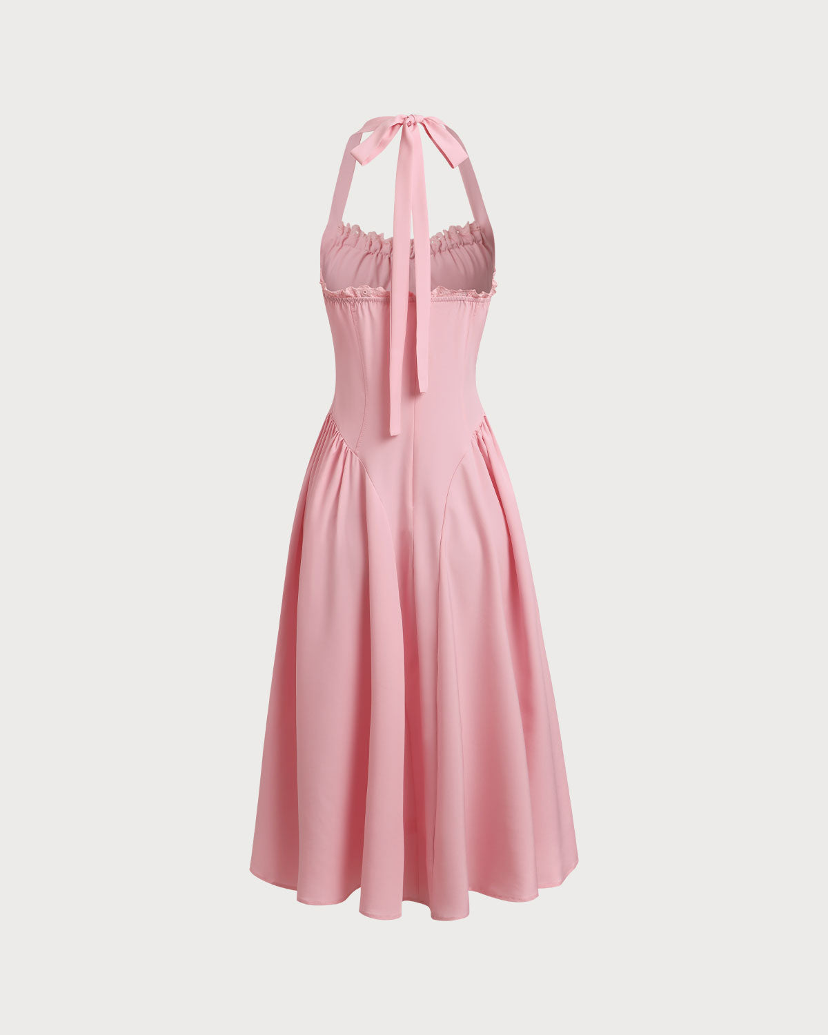 Pembe Büzgülü Askılı Midi Elbise