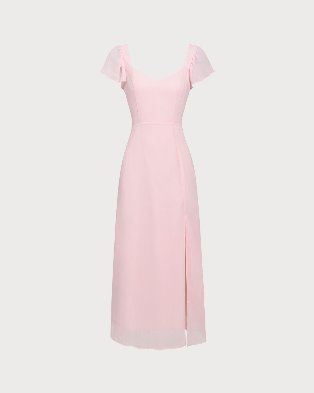 Pembe Kalp Yaka Şifon Uzun Elbise
