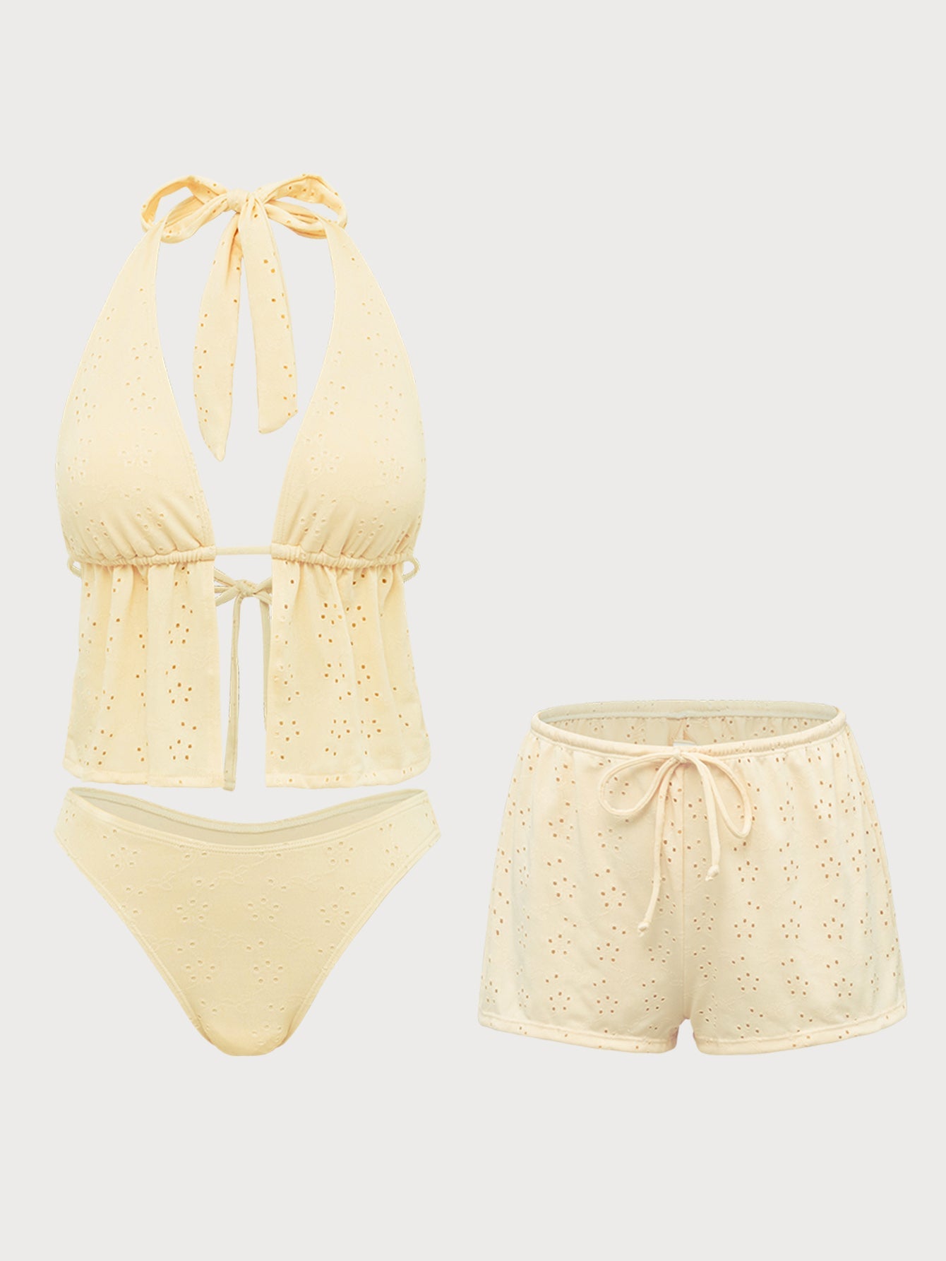 Sarı Hollow Tankini Üç Parçalı Mayo