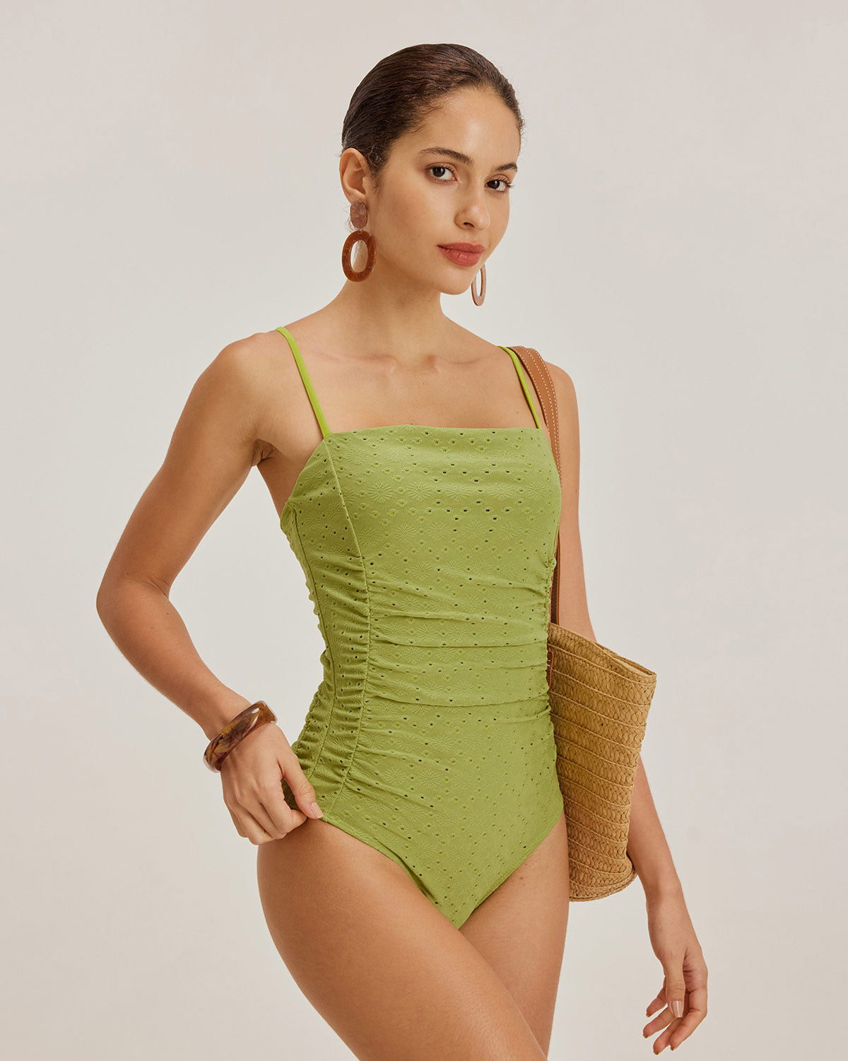 Yeşil Jakarlı Bralet Tek Parça Mayo