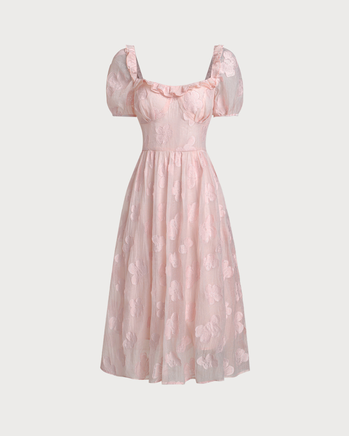 Pembe Kare Yaka Kabarık Kollu Midi Elbise