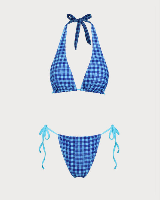 Mavi Örgü Vintage Ekose Desenli Bikini Takımı