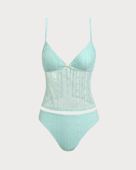 Yeşil Dantel V Yaka Tankini Mayo