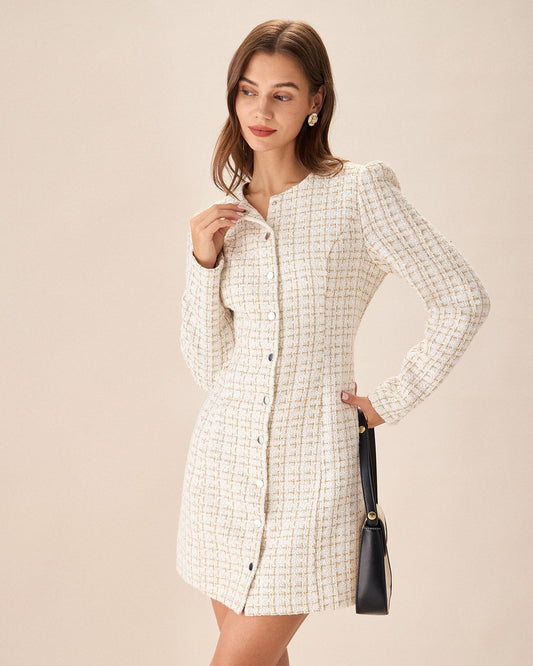 Beyaz Kare Yaka Tweed Mini Elbise