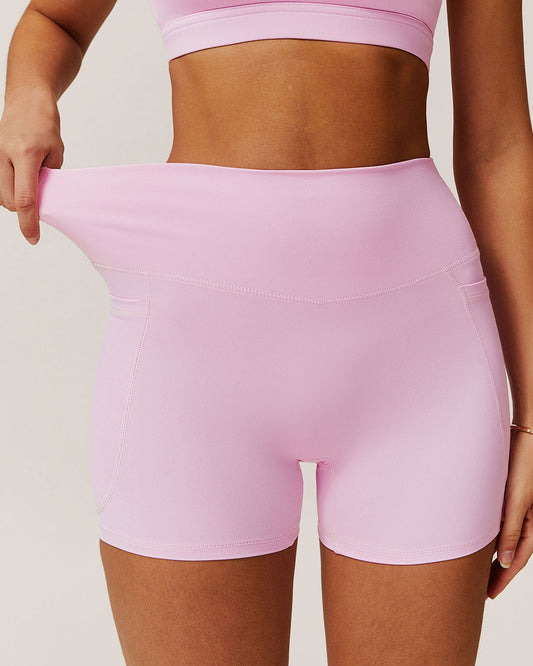 Pembe Cepli Yüksek Bel Yoga Şortu
