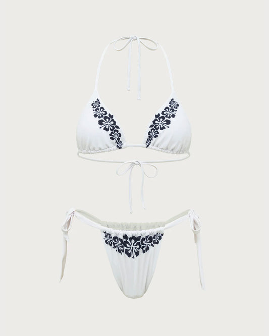 Beyaz Örme Tropikal Desenli Bikini Takımı