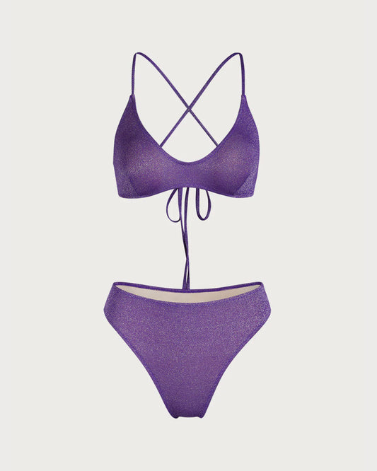 Mor Çapraz Sırtlı Lurex Bikini Takımı