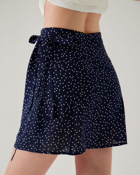 Lacivert Polka Dot Wrap Mini Etek