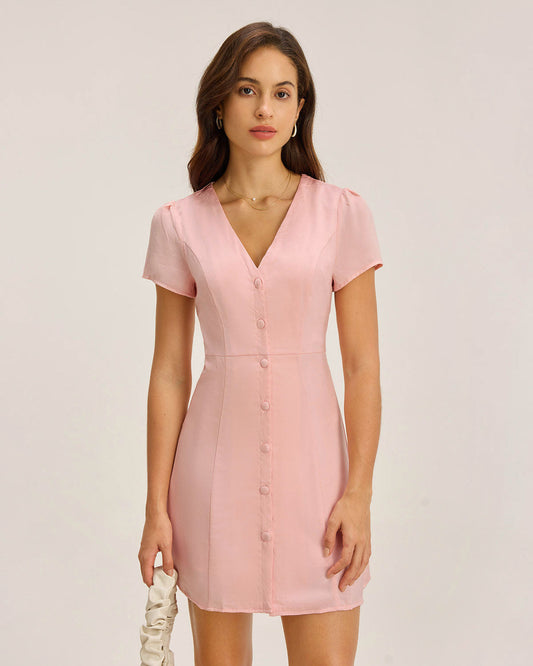 Pembe V Yaka Düğmeli Mini Elbise