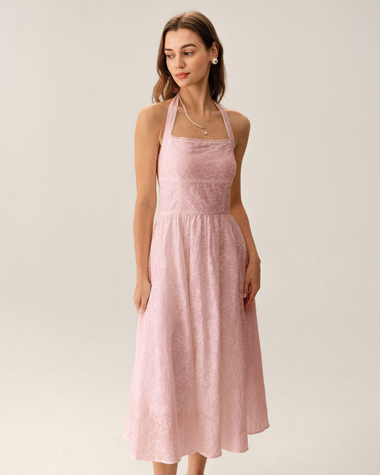 Pembe Nakışlı Askılı Midi Elbise