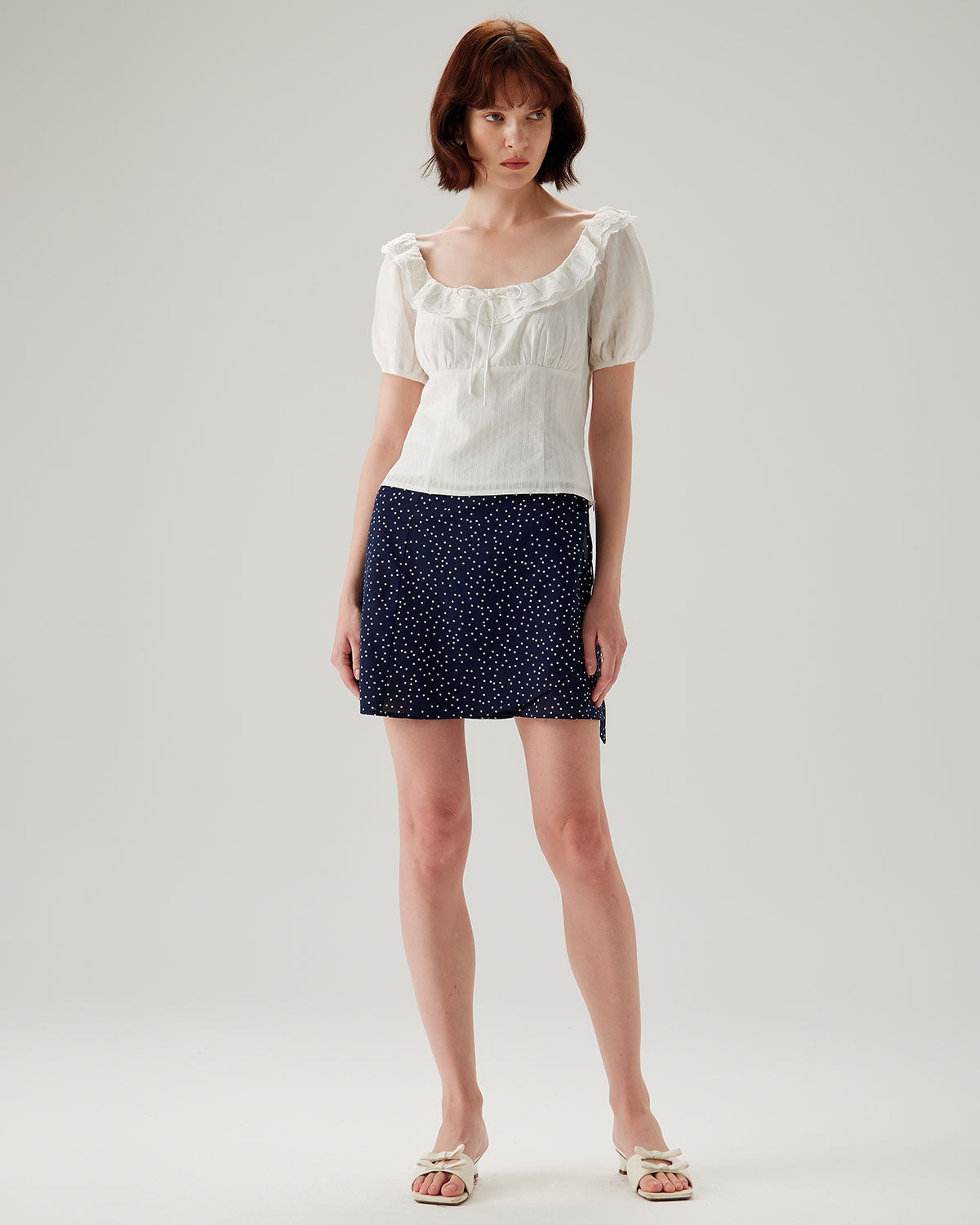 Lacivert Polka Dot Wrap Mini Etek