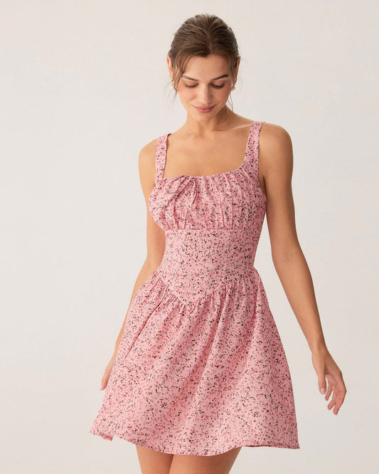 Pembe Çiçekli Büzgülü Korse Mini Elbise