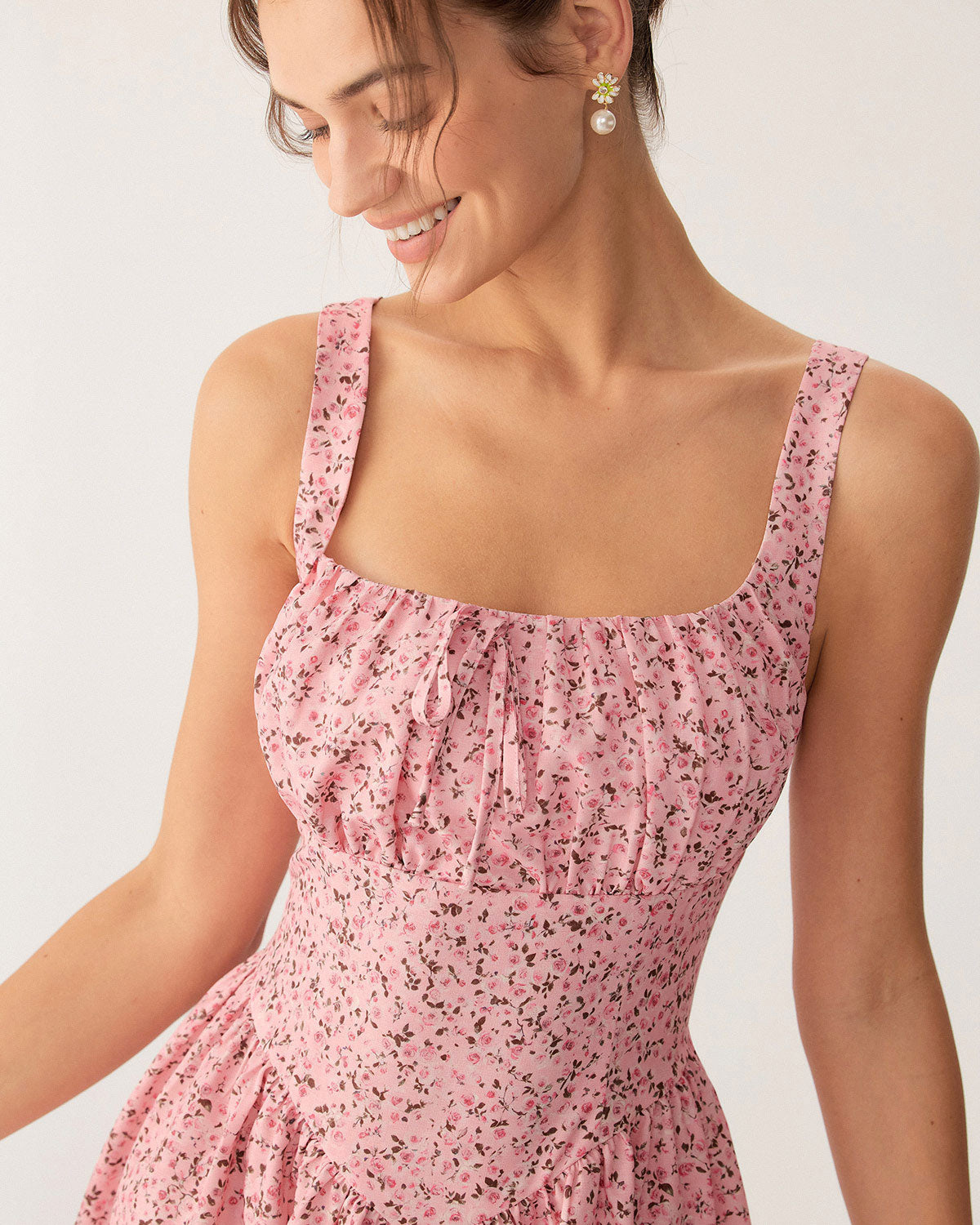 Pembe Çiçekli Büzgülü Korse Mini Elbise